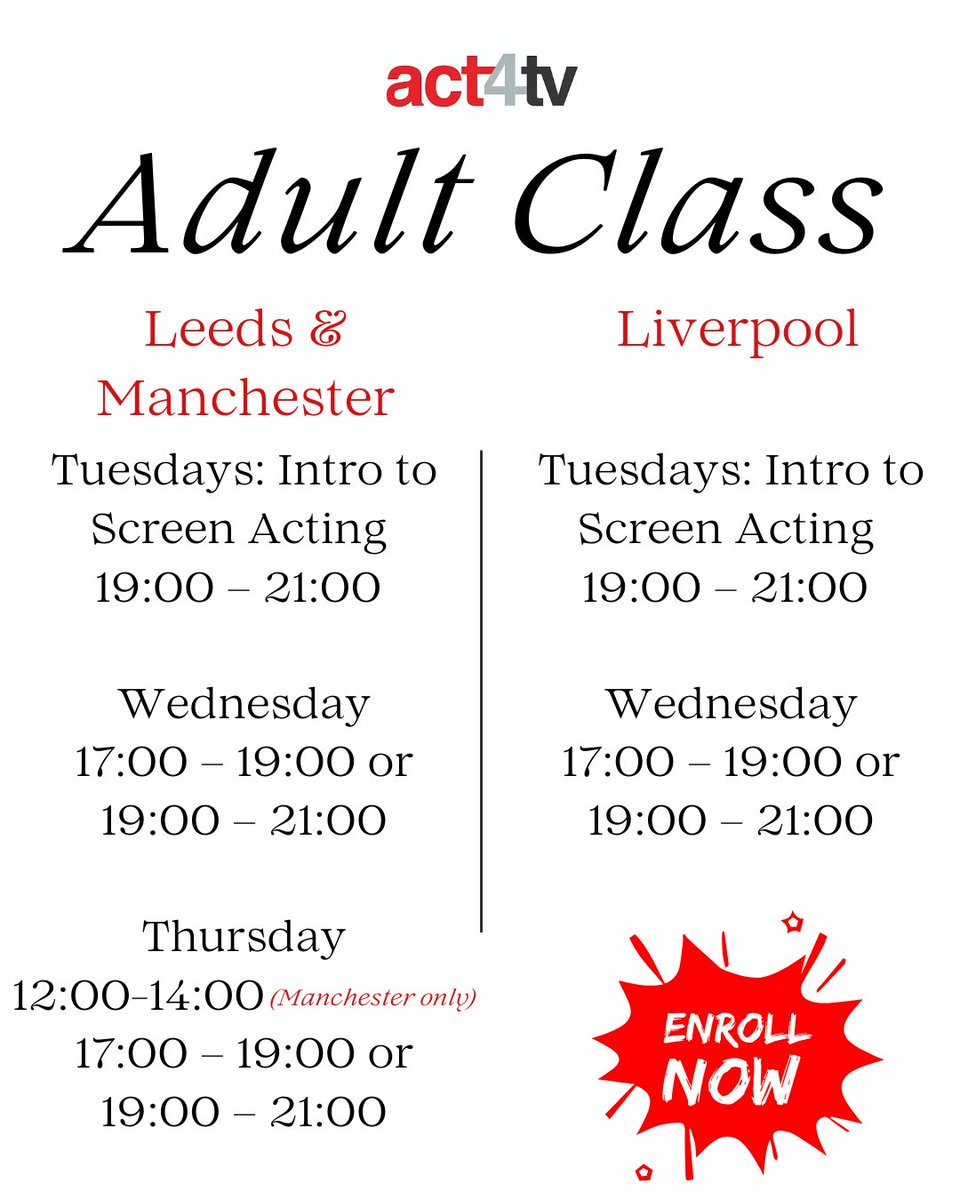 ⏰ Last chance to book Block 3! Screen acting classes for all levels, in Manchester, Leeds, Liverpool. Secure your spot at hello@act4.tv! 🎬

#act4tv #blockthree #lastchance