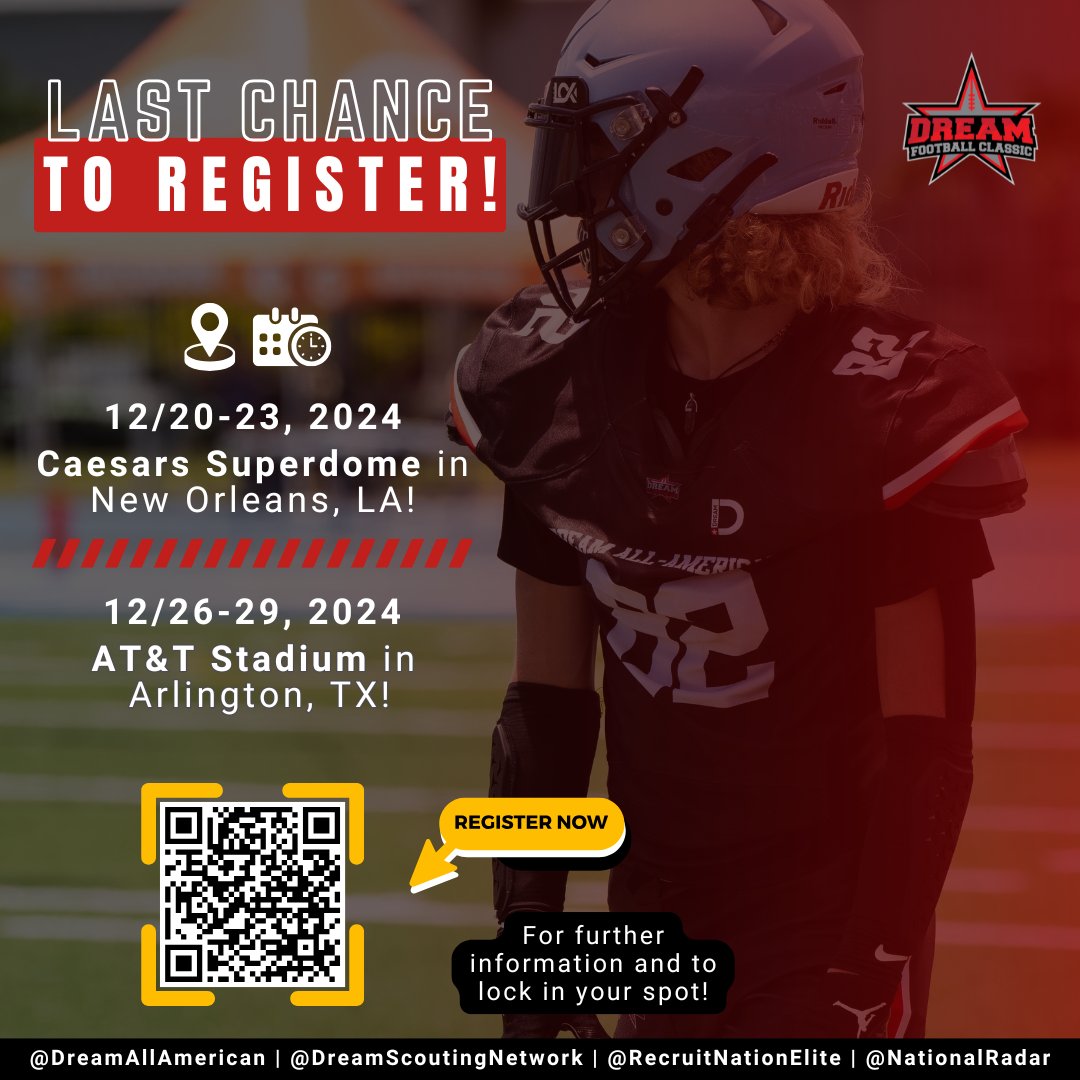 <a href="/jaxsonab/">jaxjax</a> 🚨 Congratulations from the Dream All-American Selection Committee! You’re invited to play in one of our Dream Football Classics at the Caesars Superdome or AT&amp;T Stadium! 🏟️

Last chance to register—only a few positions left!

⏳ Deadline: November 3, 2024

Sign up now: