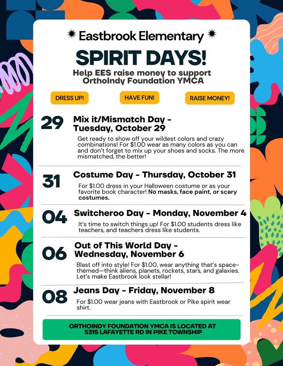 Eastbrook Elementary (@ees_msdpike) on Twitter photo Eastbrook is helping raise money for the OrthoIndy Foundation YMCA! Your child can join in by participating in our upcoming Spirit Days! #PikeProud <a href="/PikeSchools/">Pike Twnshp Schools</a> Eastbrook is helping raise money for the OrthoIndy Foundation YMCA! Your child can join in by participating in our upcoming Spirit Days! #PikeProud <a href="/PikeSchools/">Pike Twnshp Schools</a>