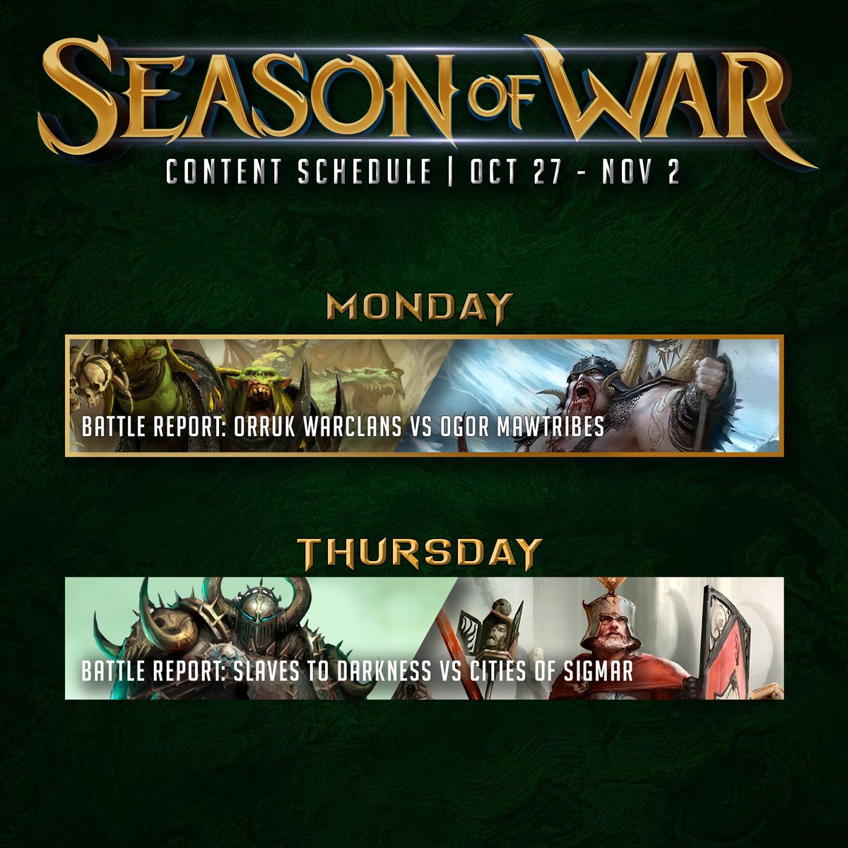 We've got some big clashes on the channel this week, kicking things off  today for our channel members with an epic match between the Ironjawz  and Ogors! We'll then have the Slaves to Darkness battling the Cities of  Sigmar later this week for our public matchup!