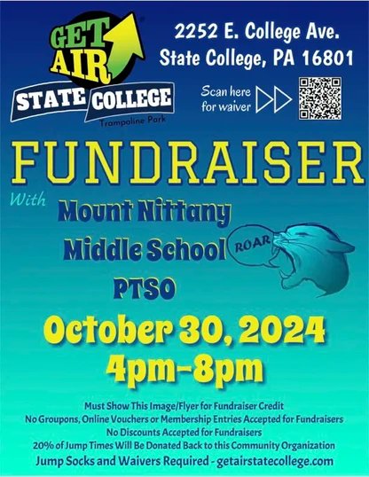 Get Air Fundraiser is Coming Up!
Wednesday October 30th from 4-8pm
You must show the flyer to participate in the fundraiser! Don't forget!
Thank you for your support!
MNMS PTSO
mnmsptso@gmail.com