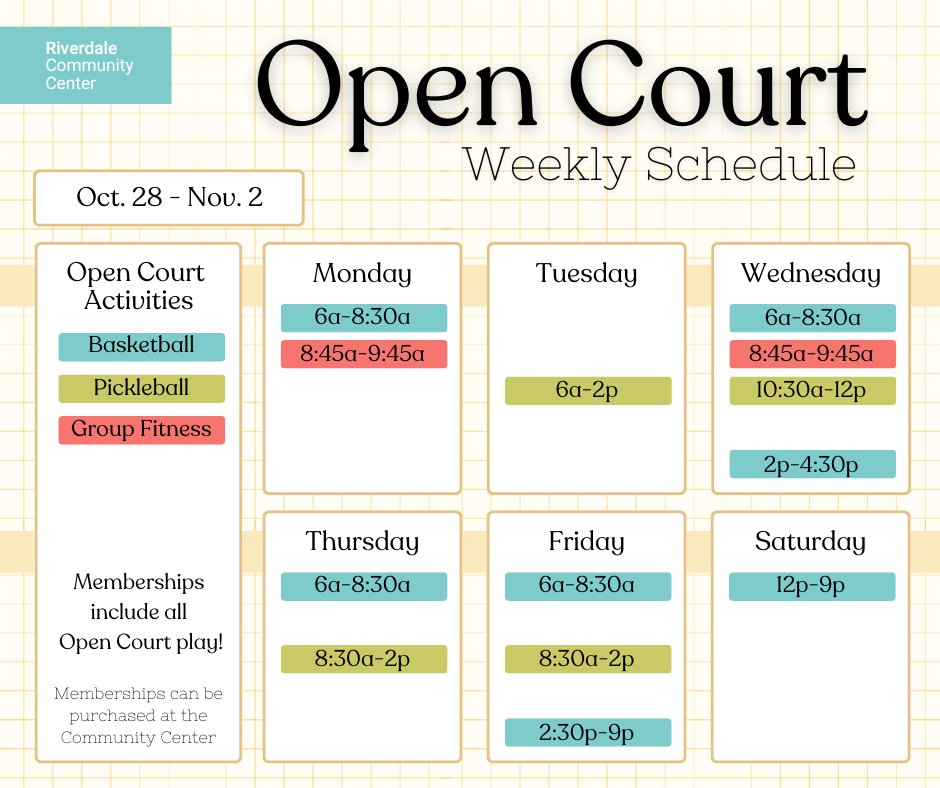 Here is this week's schedule for the Riverdale Community Center gym.