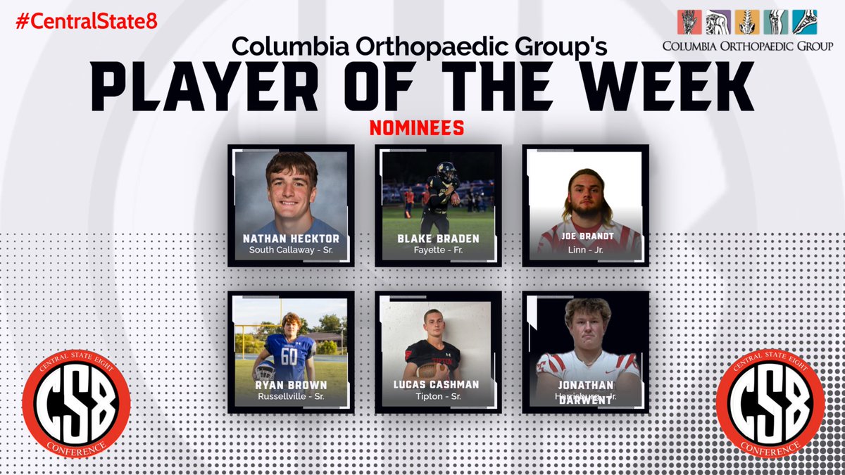 Central State 8 (@centralstate8) on Twitter photo Check out this weekās Central State 8 Week 9 Player of the Week nominees by the Columbia Orthopaedic Group!!!
forms.gle/TJwsJsVMv3d8V1ā¦
#CS8 <a href="/R_VilleStudents/">RHS Student Body</a> <a href="/ColeRV1/">Cole County R-V School</a> <a href="/FayetteFalcons/">Fayette High School</a> <a href="/ActivitiesNbhs/">NBHS Activities</a> <a href="/AthleticsSCHS/">SC Athletics</a> <a href="/HarrisburgAth/">Harrisburg Bulldogs</a> <a href="/Linn_Athletics/">Linn Athletic Department</a> <a href="/THSActivities1/">Tipton MS/HS</a> Check out this weekās Central State 8 Week 9 Player of the Week nominees by the Columbia Orthopaedic Group!!!
forms.gle/TJwsJsVMv3d8V1ā¦
#CS8 <a href="/R_VilleStudents/">RHS Student Body</a> <a href="/ColeRV1/">Cole County R-V School</a> <a href="/FayetteFalcons/">Fayette High School</a> <a href="/ActivitiesNbhs/">NBHS Activities</a> <a href="/AthleticsSCHS/">SC Athletics</a> <a href="/HarrisburgAth/">Harrisburg Bulldogs</a> <a href="/Linn_Athletics/">Linn Athletic Department</a> <a href="/THSActivities1/">Tipton MS/HS</a>