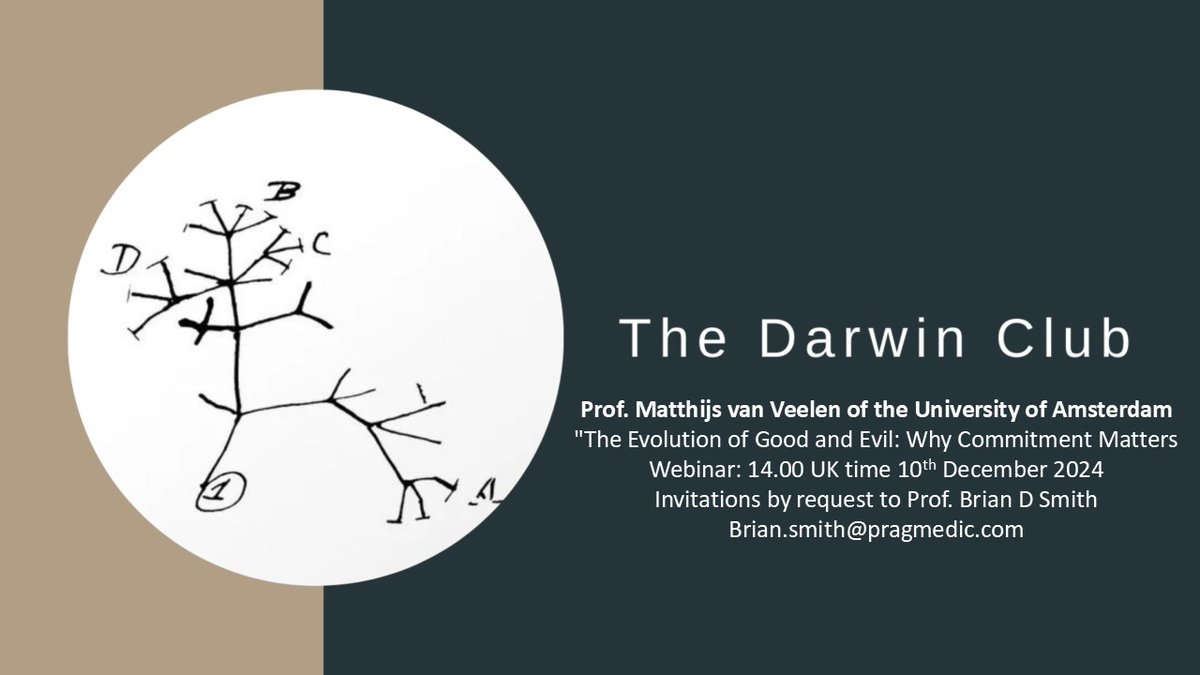 I'm delighted to invite you to the next webinar of the Darwin Club for Social Science. Prof. Matthijs van Veelen of the University of Amsterdam will helps us to understand why commitment explains good and evil behaviour in humans. 
For an invitation DM me.
