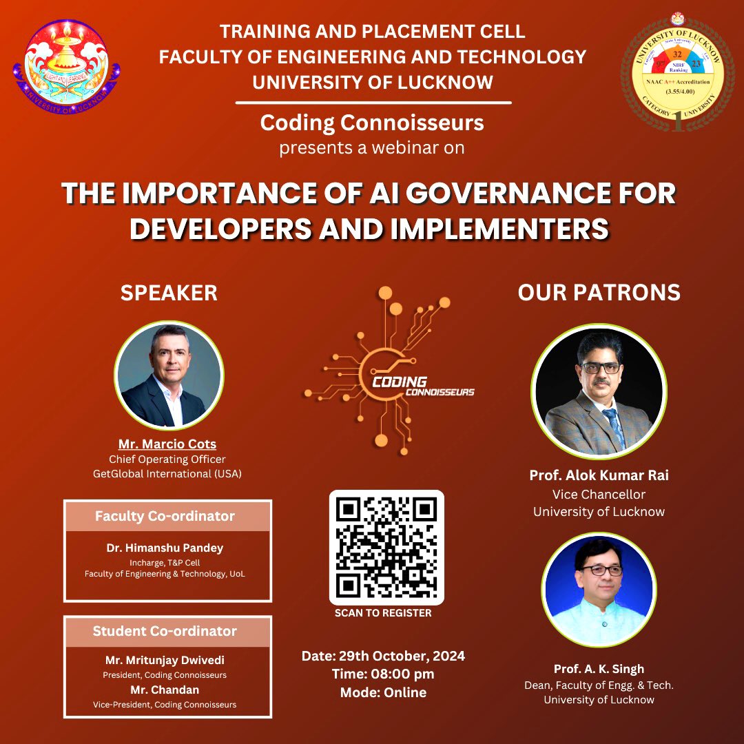 PlacementEnggLU's tweet photo. 🌐 Join us for a webinar on "The Importance of AI Governance for Developers &amp; Implementers" by Coding Connoisseurs &amp; T&amp;P Cell, FoET, LU!

🗣️ Speaker: Mr. Marcio Cots (COO, GetGlobal International, USA)

📅 29 Oct 2024, 🕒 8 PM | Online

Scan QR to register! https://t.co/ARHtz01jF4