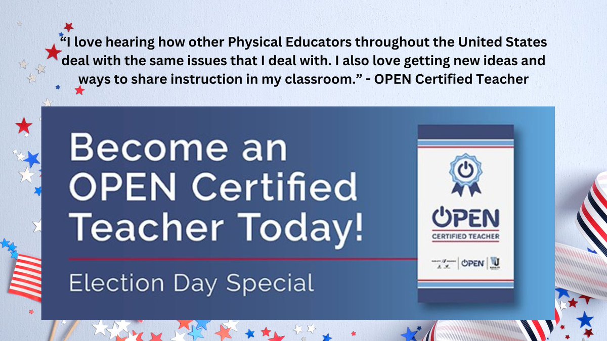 Time is running out on our Election Day Special for OPEN Teacher Certification+ at just $89! Use promo code ELECTION24 at bit.ly/3BX6Py9 to save! Offer expires on 11/5/24! Get your 6 hours of Election Day #physed PD at home, in your PE office, or school site!
