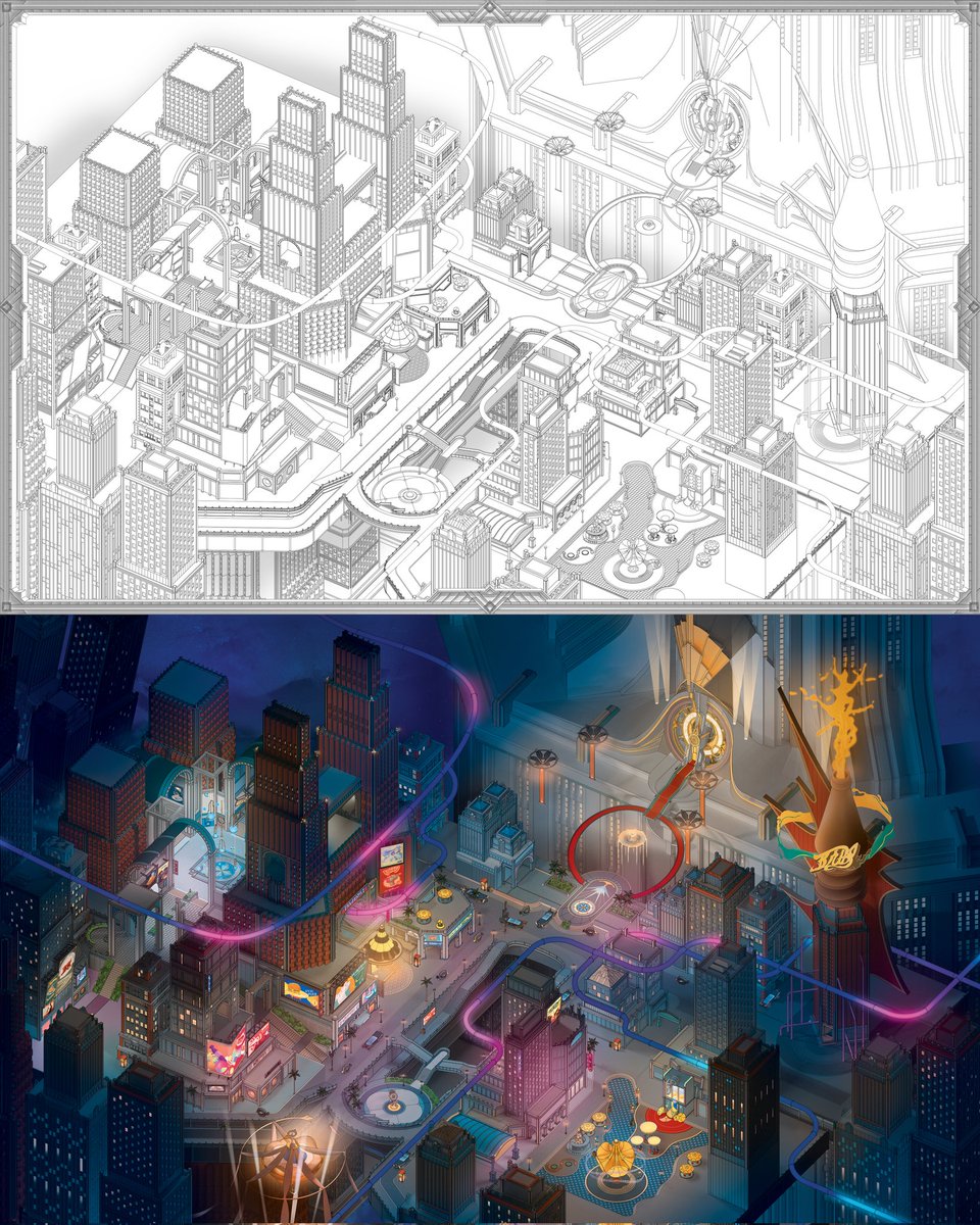 Line Vs Colour - Star Rail Map. 

Loads of linework details layered up in this map. In the version shown here we were testing various ornamental borders, we didn't end up using them, but it was good fun to test out!