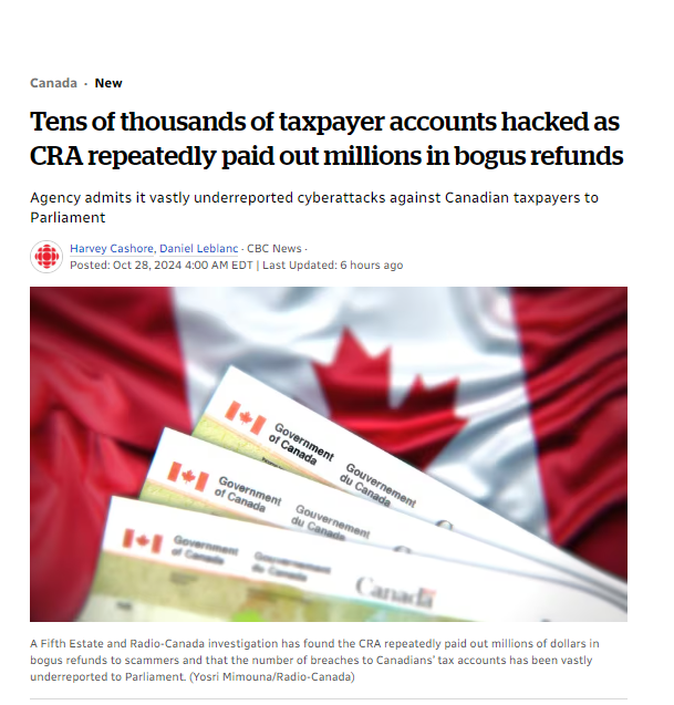 Tablesalt13's tweet photo. BREAKING - MASSIVE CANADA REVENUE AGENCY BREACH

Massive data breach at H&amp;R Block saw tens of THOUSANDS of Canadians have false returns filed to the CRA 

and million in refunds paid out to criminals. https://t.co/VMDpBrVFOX