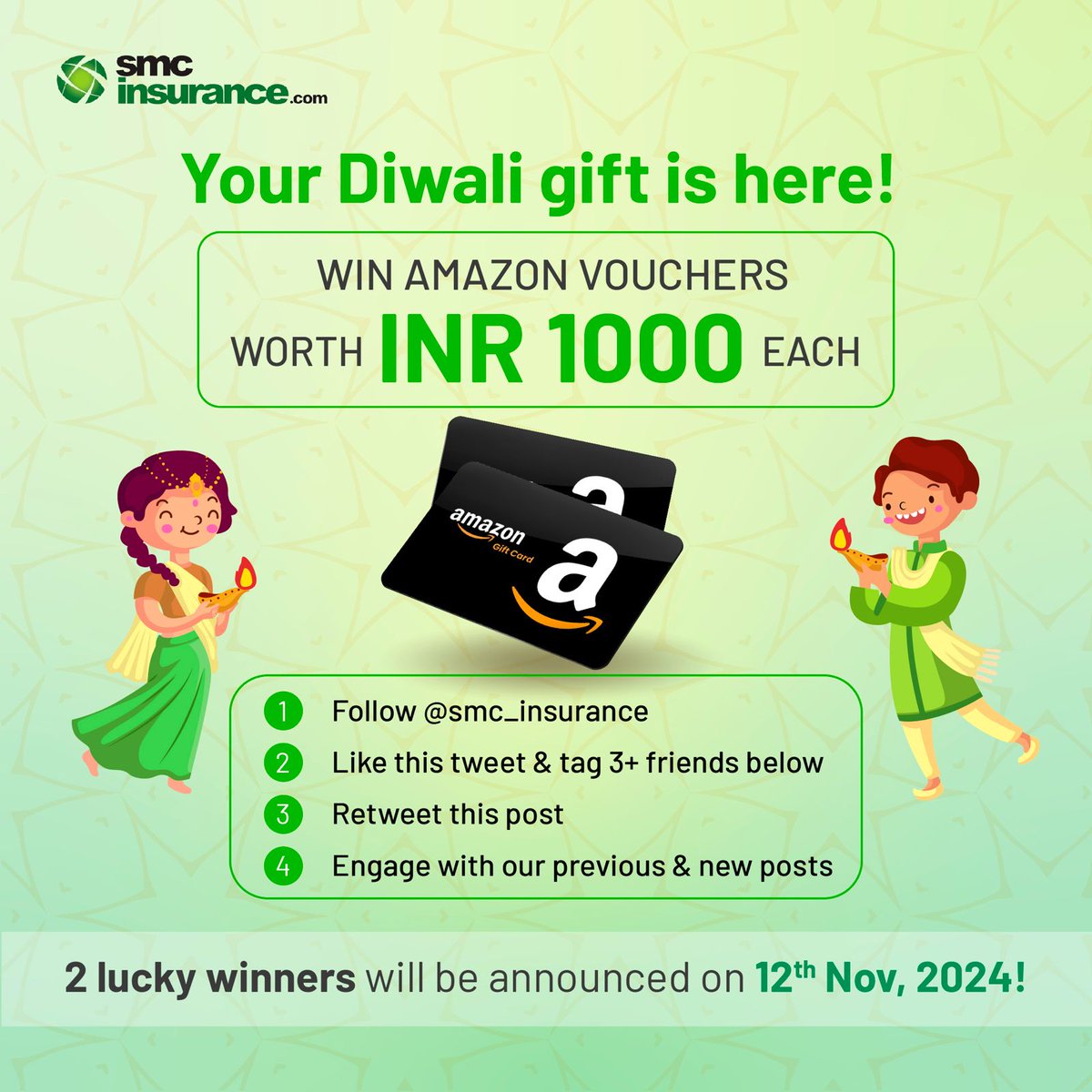 Your Diwali Gift Awaits! ✨🎉

We're giving away Amazon vouchers worth ₹1000 each to two lucky winners! Want in?

Follow the 4 simple rules:
1️⃣ Follow us <a href="/smc_insurance/">Insurance Seekho by SMC</a> 
2️⃣ Like &amp; tag 3+ friends in the comments 
3️⃣ Retweet this post 
4️⃣ Engage with our other posts

Winners will