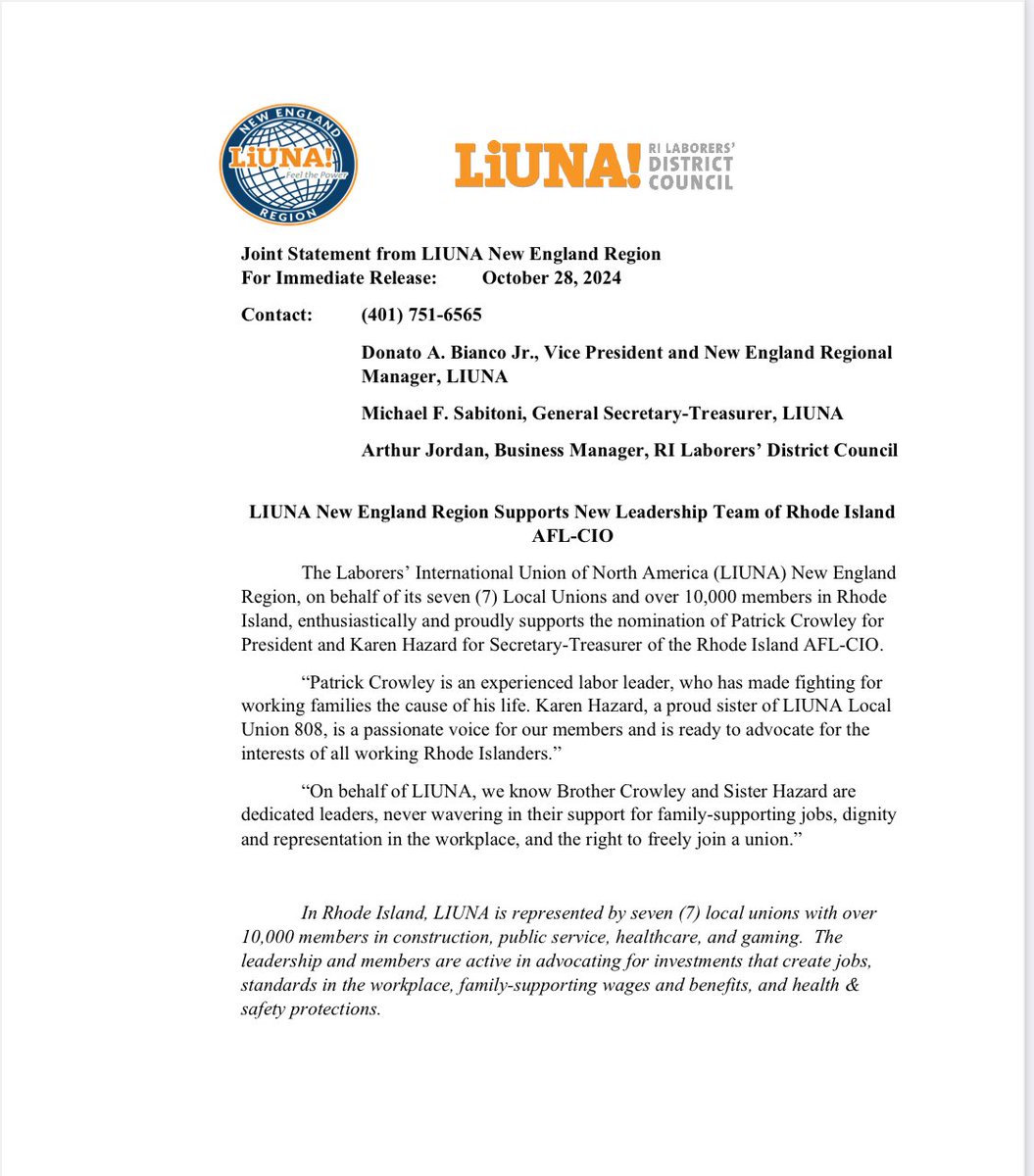 .⁦<a href="/LIUNANewEngland/">LIUNA! New England Region</a>⁩ ⁦<a href="/RILDCNELIUNA/">RILDC</a>⁩ support new leadership team of ⁦@riaflcio⁩ #LIUNA