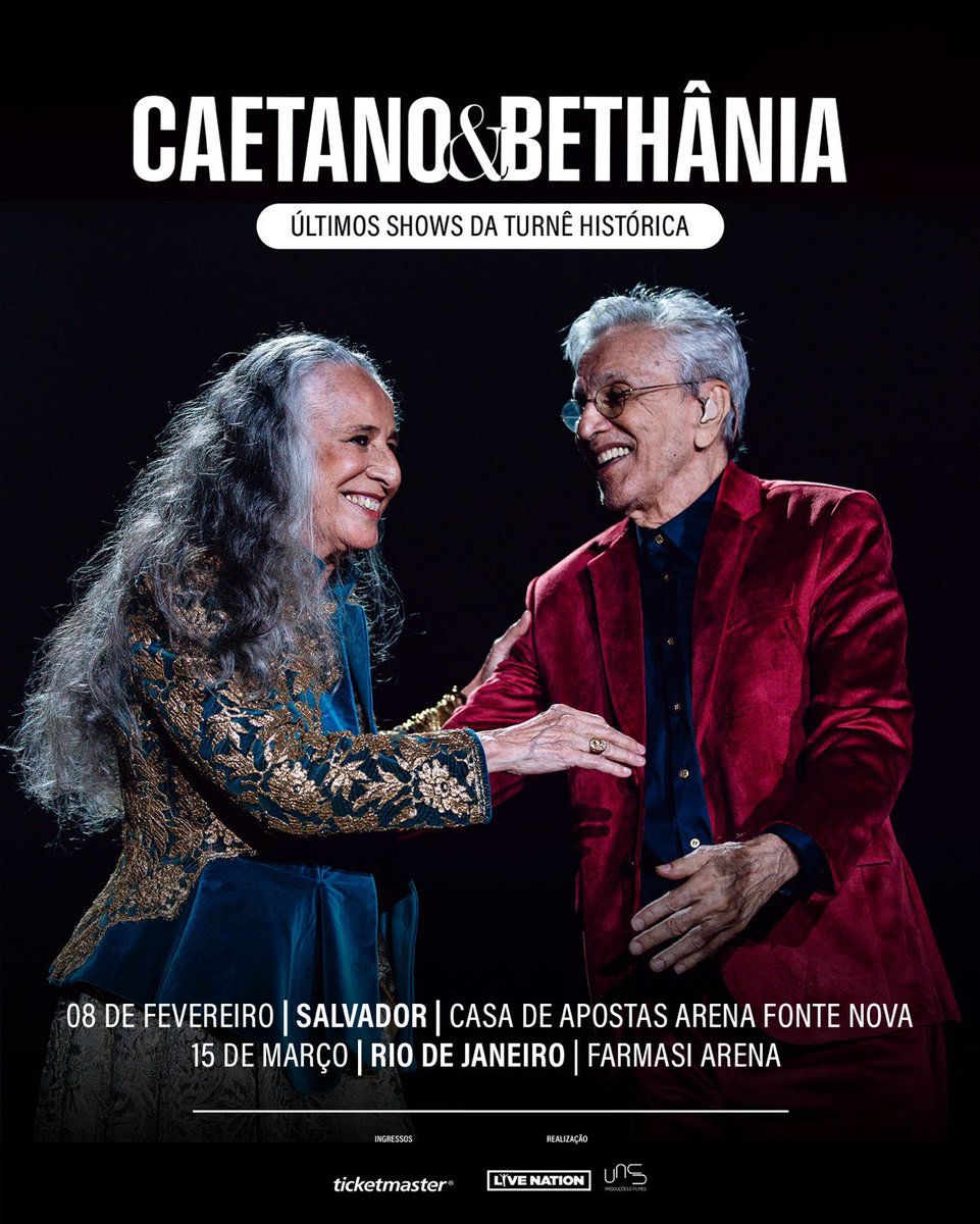 Alô, turma! Foi aqui que pediram novas datas? Então anunciamos aqui os ÚLTIMOS SHOWS da turnê histórica #CaetanoEBethânia! ❤️😍

🗓️ 08/02 - Salvador | Casa de Apostas Arena Fonte Nova.
🗓️ 15/03 - Rio de Janeiro | Farmasi Arena.

👉🏼 Abertura de vendas: AMANHÃ (29/10), às 10h na