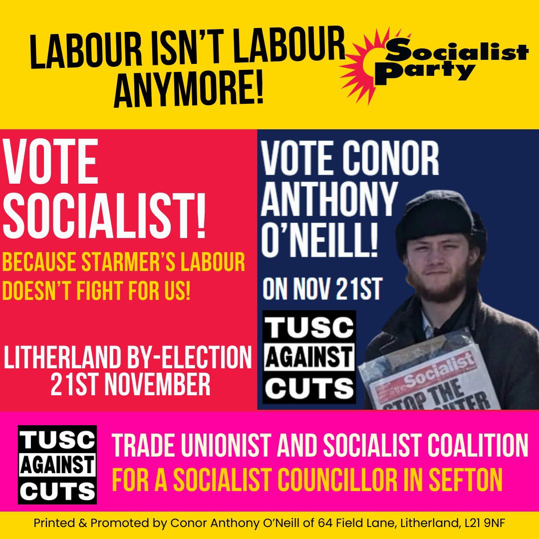 LivSocialists's tweet photo. The Socialist Party is standing Conor Anthony O’Neill in the Litherland council by-election!
The Labour council and the new Labour government can't promise the working class anything but more cuts and despair. Let’s put socialism back on the agenda in Sefton council! https://t.co/okGiww1g5F