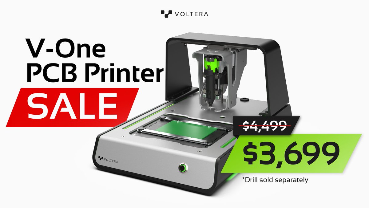 voltera_io's tweet image. 📢 Sale alert — V-One PCB Printer! 📢

Buy a V-One for $3,699.99* USD. 

Shop now: hubs.ly/Q02VKz240

#Voltera #VOne #PCB #PCBs #PCBPrinter #PrintedCircuitBoard #PrintedElectronics

*Drill sold separately. Sale valid until January 31, 2025.