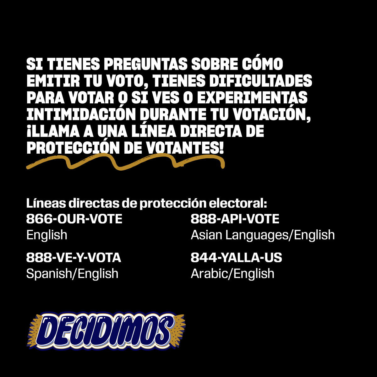 splcenter's tweet photo. Si tiene preguntas sobre cómo emitir su voto, tiene dificultades para votar o si ve o experimenta intimidación durante su votación, ¡llame a una línea directa de protección de votantes! #Decidimos https://t.co/w1aOxA9pcX https://t.co/F0HQ8zVDXI