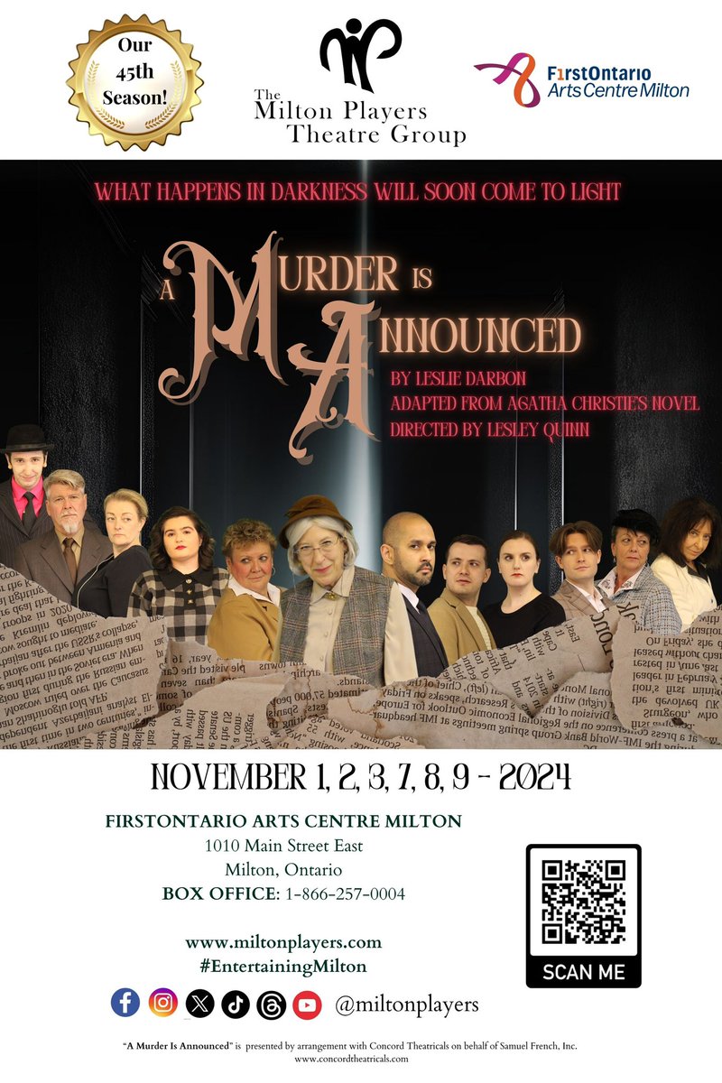 OPENING NIGHT IS THIS FRIDAY !

Don’t miss this Christie Classic! Scan the poster to get tickets or click link in our bio!  SEE YOU THERE!
#EntertainingMilton #theatre #MiltonON #agathachristie #missmarple