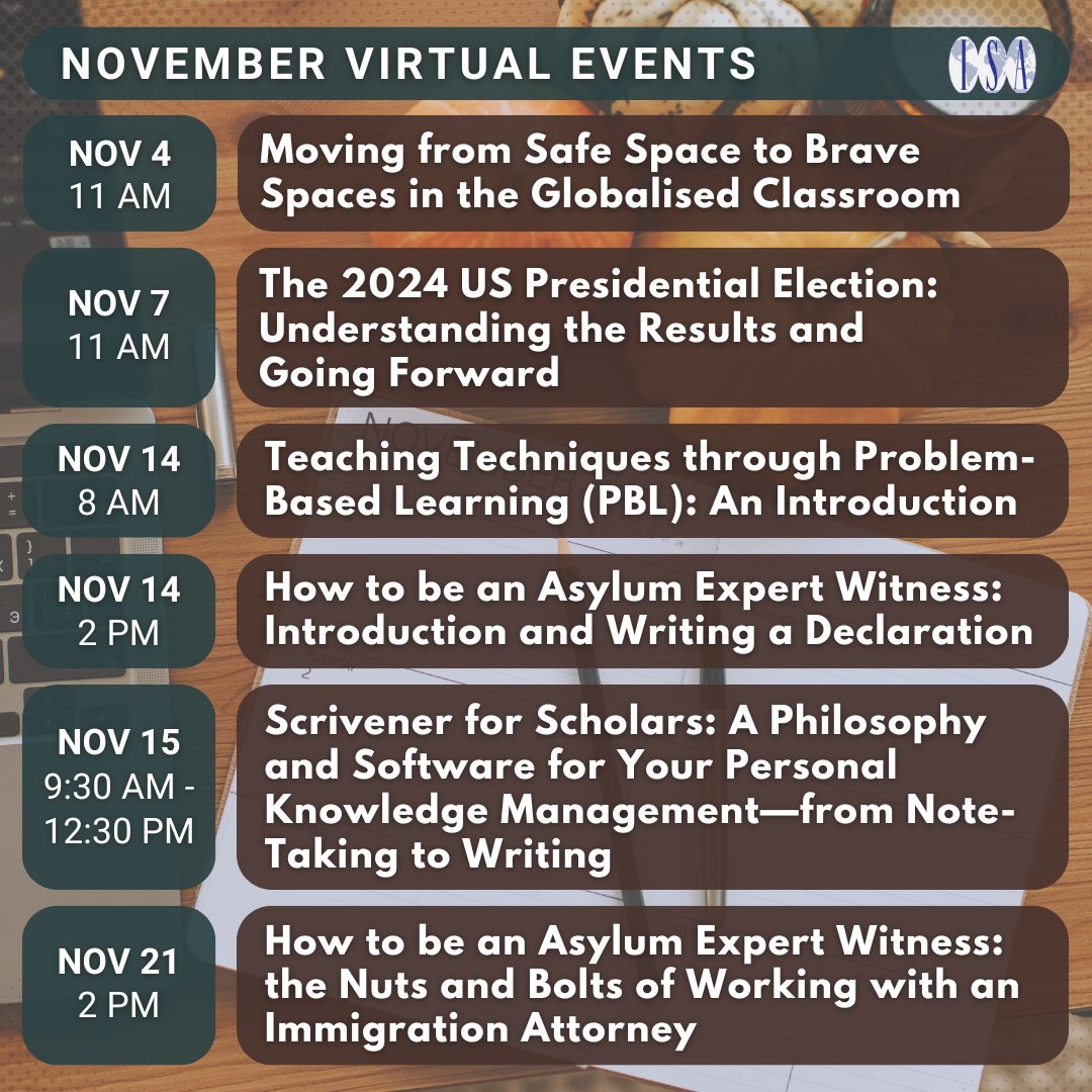 isanet's tweet image. Check out ISA's #VirtualEvents for this #November! Learn more: ow.ly/AsXp50TQOGi
To stay up to date with all #VirtualProgramming, sign up for our mailing list, ISA Connected: ow.ly/piXX50TQOGe