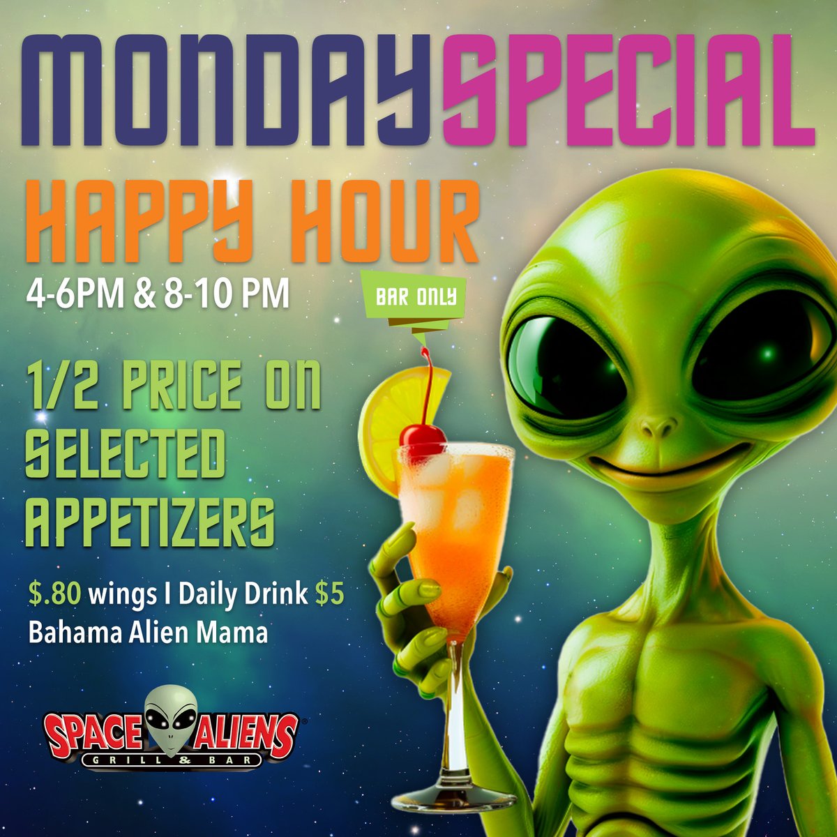 SpaceAliensMN's tweet image. Happy Hour is calling! Join us from 4-6 PM &amp;amp; 8-10 PM for out-of-this-world deals: select half-priced apps, $.80 wings, and a $4.75 Bahama Alien Mama 🌴👽. Fuel up for less and make your night cosmic! 🌟 #SpaceAliens #HappyHour #AlienApproved