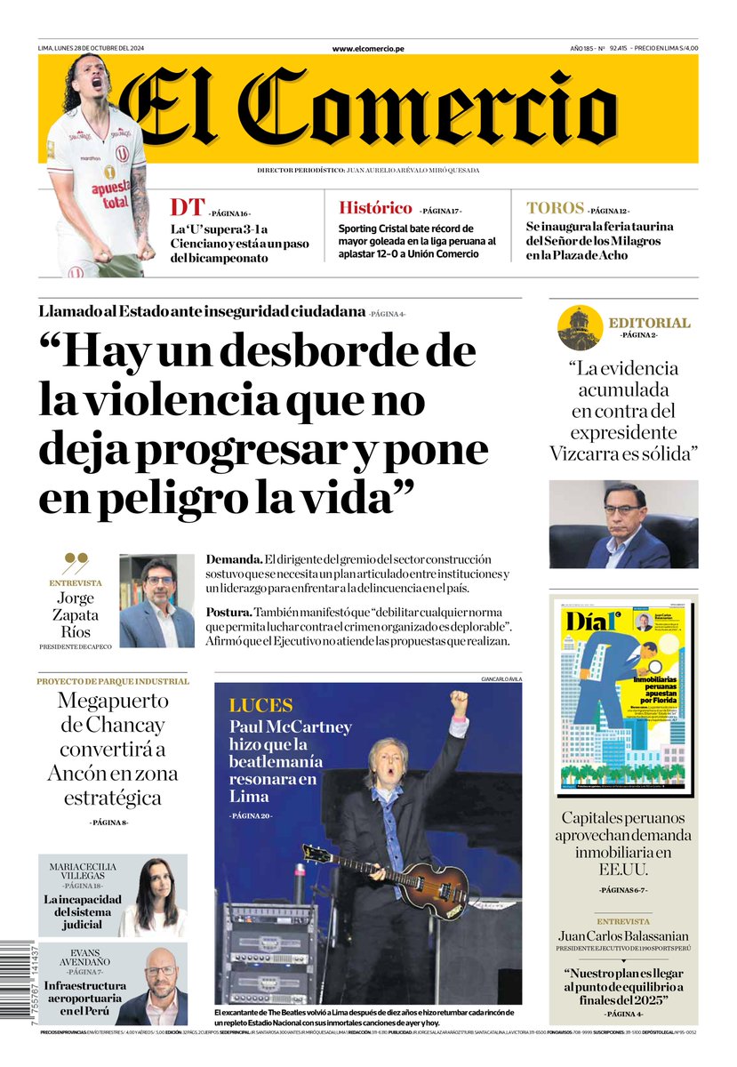 elcomercio_peru's tweet photo. 📰 ¡Buenos días! Hoy en PORTADA de El Comercio: “Hay un desborde de la violencia que no deja progresar y pone en peligro la vida”.

Lee esto y mucho más en nuestra versión impresa, aquí ► https://t.co/3mfJ0ksq16
