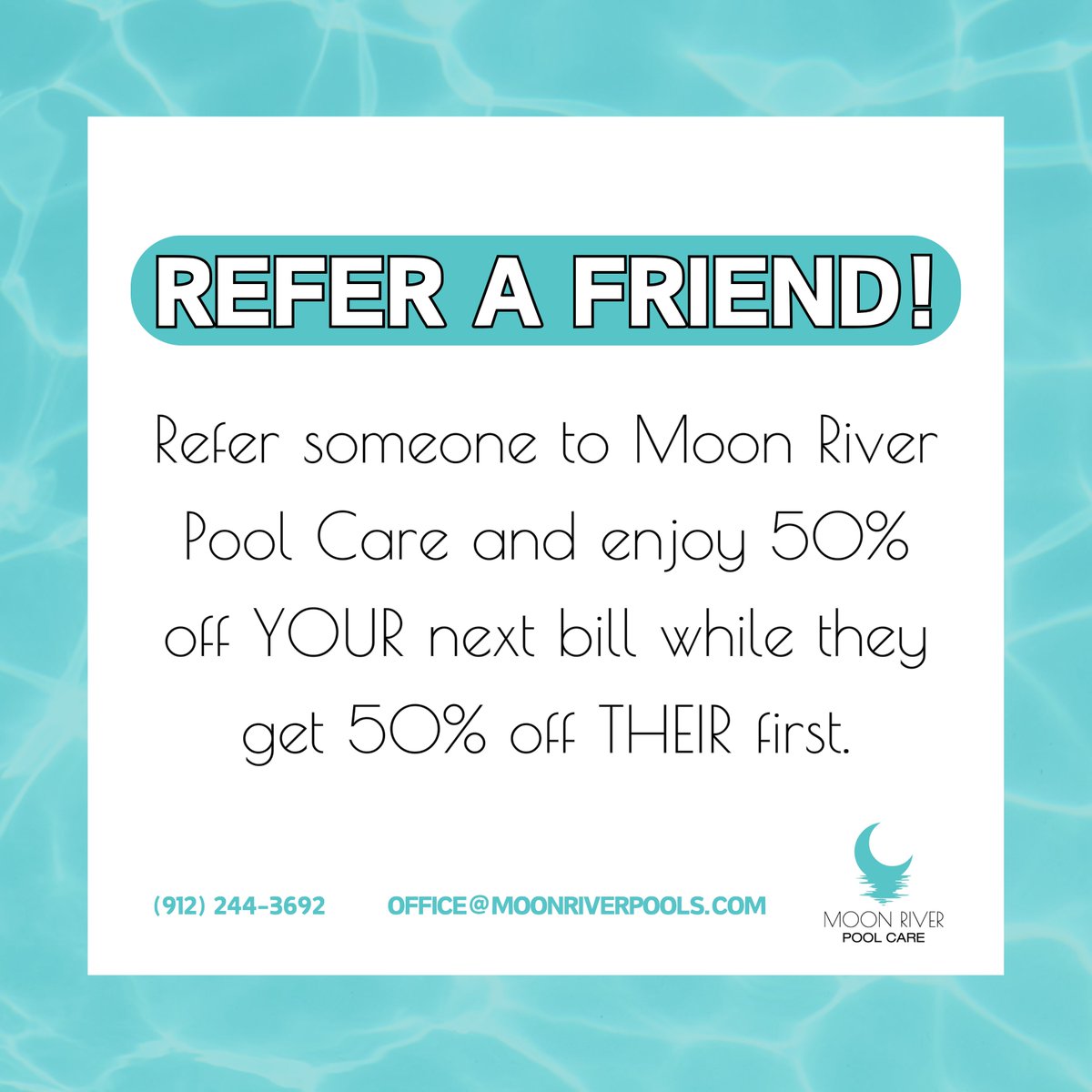 MoonRiverPools's tweet photo. Double the savings, double the fun! Refer a friend to Moon River Pool Care, and you both get 50% off – their first month, your next service. Just that simple! Call us at (912) 244-3692 to share the love. 

#PoolCareSavannah #SavannahPools https://t.co/KY5kBhXRx5