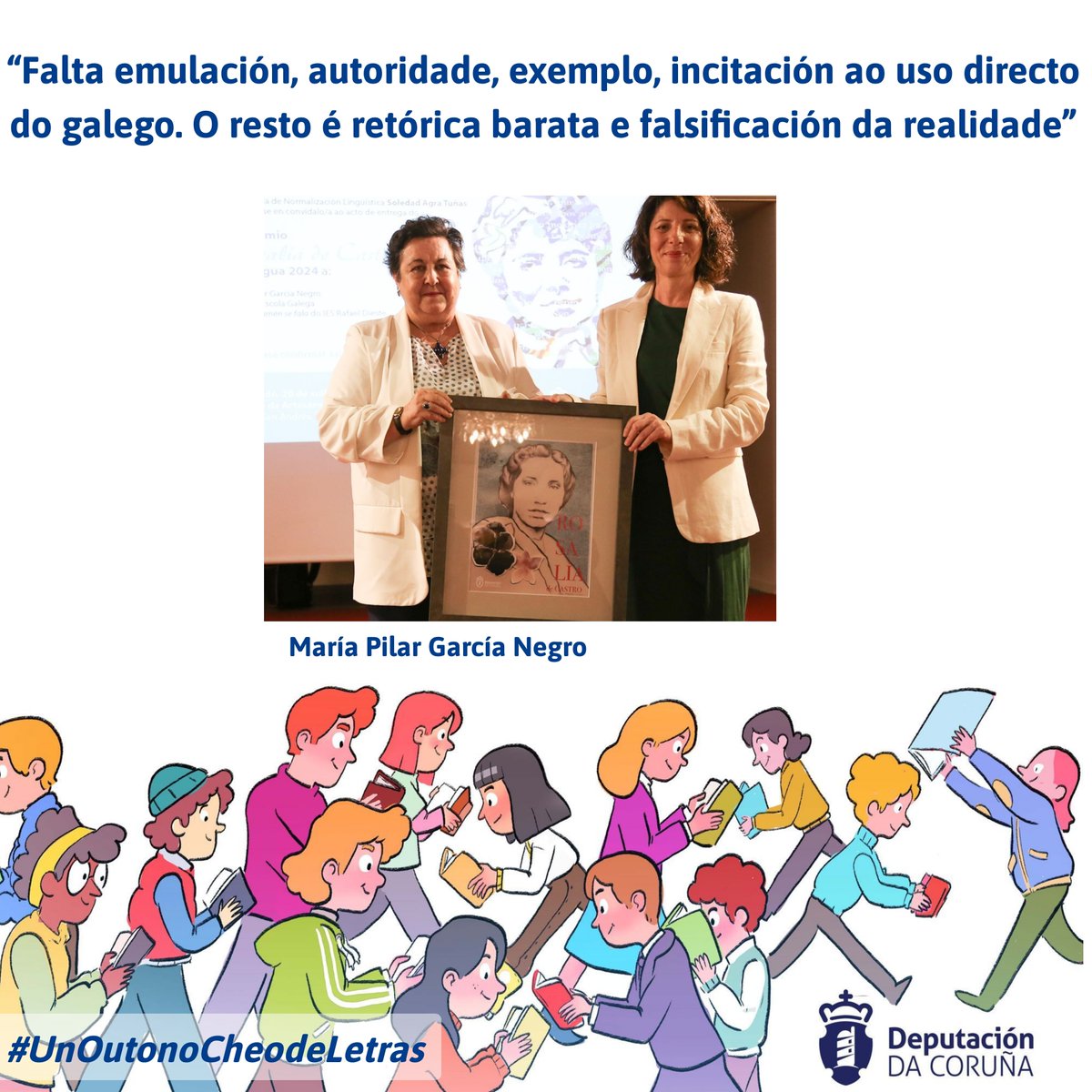 📘 A escritora e sociolingüista María Pilar García Negro foi a galardoada en 2024 co Premio Rosalía de Castro no capítulo de persoas comprometidas coa dignificación e promoción da lingua galega.

Conversamos con ela para #UnOutonoCheodeLetras 🍂 📚

👉 i.gal/yMTCs