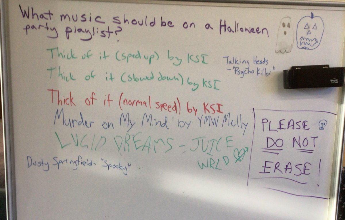 ParsonsMusLib's tweet image. Take a look at responses to last week&apos;s #whiteboard question: &quot;What music should be on a Halloween party playlist?&quot;  What would you add?  
Don&apos;t forget to stop by the Music Library this week to answer our next question! #music #musiclibrary #halloween #halloweenplaylist👻🎃🧛💀
