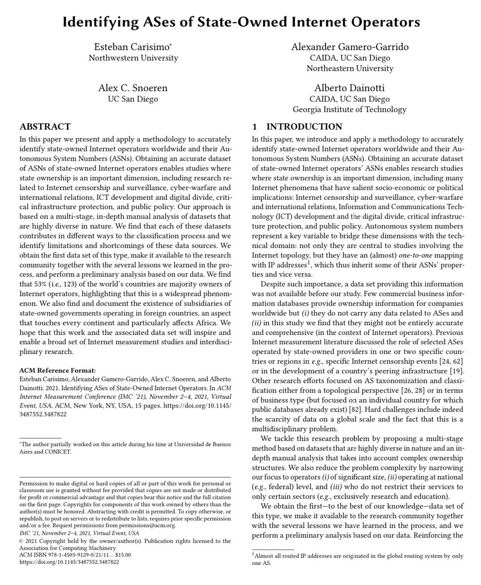 Great post by <a href="/DougMadory/">Doug Madory (also on Bluesky)</a> on a route leak by Uzbekistan’s state-owned provider. This great opportunity to share of our work identifying state-owned ISPs worldwide. Our work is key to understand the role of state-owned networks in routing security

Link below 👇