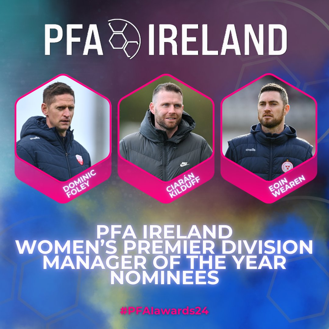 As voted by the managers in the league, here are the PFA Ireland Women's Premier Division Manager of the Year nominees 2024.

⚽ Dominic Foley
⚽ Ciarán Kilduff
⚽ Eoin Wearen

Congratulations to each of them. Winner to be announced at our awards on 23rd November.

#PFAIawards24