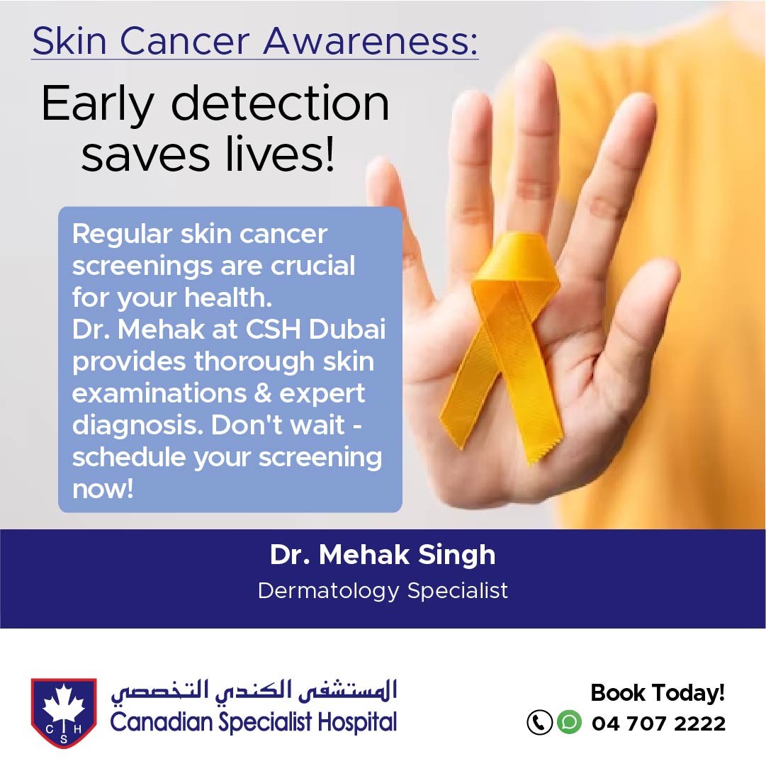 cshdubai's tweet photo. Skin cancer is one of the most common cancers, yet it’s highly treatable when caught early. Regular skin checks can make all the difference.
Meet Dr. Mehak,  Dermatology Specialist at Canadian Specialist Hospital, here to guide you on skin health, early detection &amp; prevention. https://t.co/R01nu4uUMw