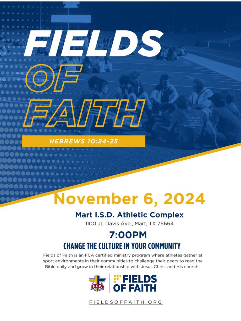 Mark your calendars for FCA's event, Fields of Faith, on November 6th.  The program starts at 7pm.