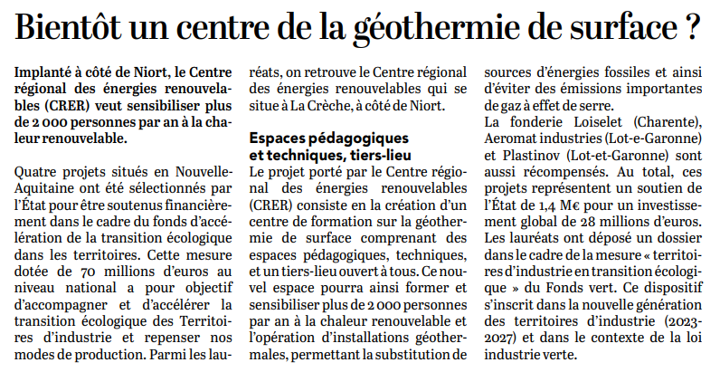 Geosophy (@geosophy1) on Twitter photo 💬"Le projet porté par le Centre régional des énergies renouvelables consiste en la création d’un centre de formation sur la géothermie de surface comprenant des espaces pédagogiques, techniques, et un tiers-lieu ouvert à tous"
A lire dans <a href="/courrierouest/">Le Courrier de l'Ouest</a> 💬"Le projet porté par le Centre régional des énergies renouvelables consiste en la création d’un centre de formation sur la géothermie de surface comprenant des espaces pédagogiques, techniques, et un tiers-lieu ouvert à tous"
A lire dans <a href="/courrierouest/">Le Courrier de l'Ouest</a>