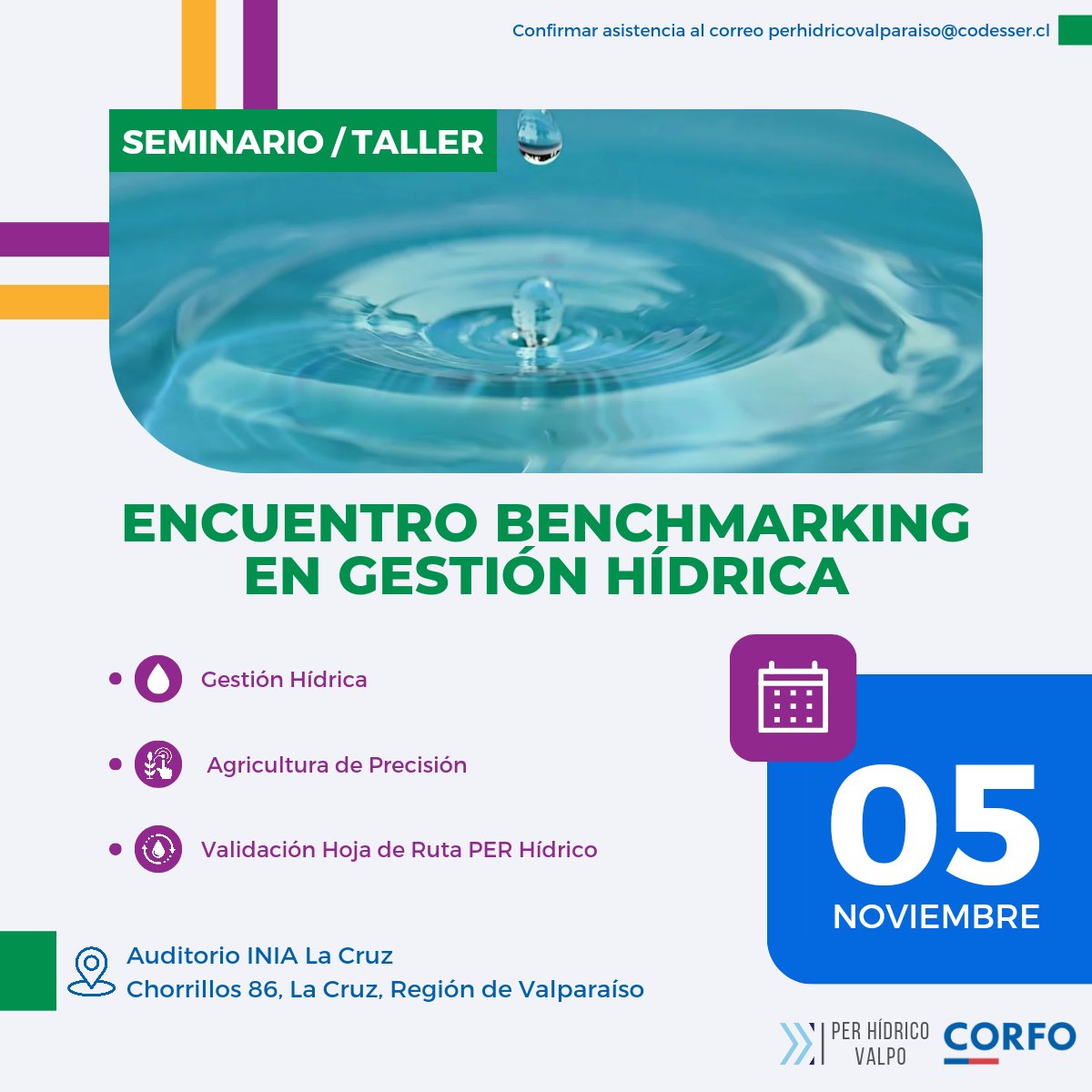 PTIPETORCA's tweet image. 💧 #Seminario | @corfovalparaiso y el PER Hídrico de Valparaíso, lo invitan al 2° Seminario Encuentro Benchmarking en Gestión Hídrica y Validación de Hoja de Ruta

Martes 5 de noviembre, 8.30 horas, Auditorio INIA La Cruz

👉 Confirmar asistencia perhidricovalparaiso@codesser.cl
