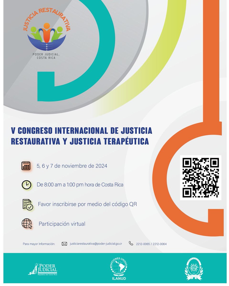 Le invitamos a participar virtualmente en el V Congreso Internacional de Justicia Restaurativa y Justicia Terapéutica, a celabrarse los días 5, 6 y 7 de noviembre de 2024 de 8:00 am a 1:00 pm.