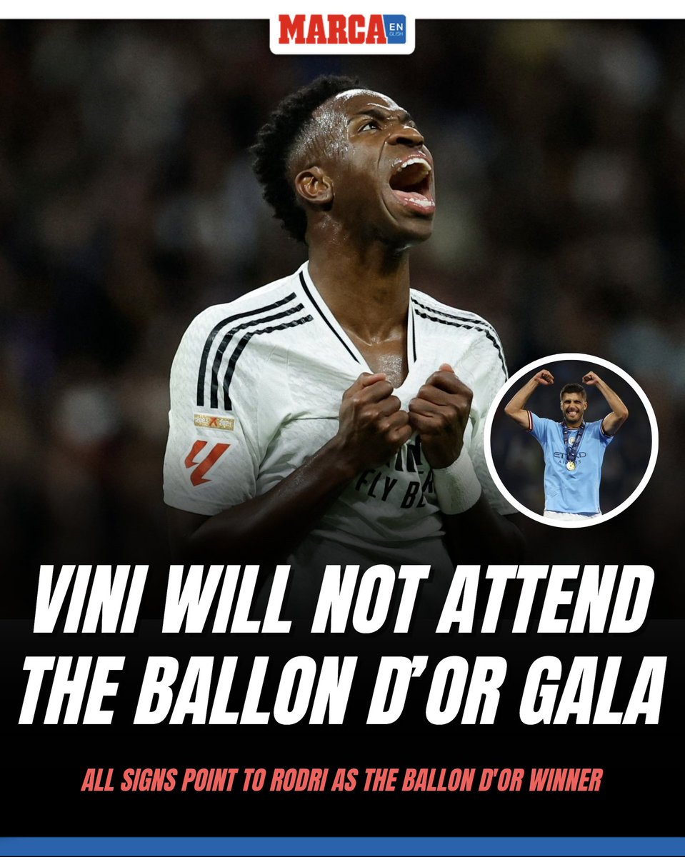 MARCAinENGLISH's tweet photo. 🚨 BREAKING: 

Vini Jr. won’t attend the Ballon d'Or ceremony, and all signs point to Rodri as the favorite for the award.

#BallonDor #Rodri #Vini https://t.co/kaPMaZSvcZ
