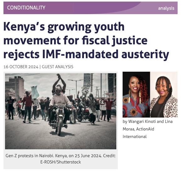 brettonwoodspr's tweet photo. Read our latest #ObserverAutumn24 guest analysis by @wangkinoti & @lina_moraa of @actionaid👉Youth-led protests in Kenya reject @IMFNews austerity prescriptions and challenge political status quo
https://t.co/CB1reFaws0 https://t.co/T1TKBS5SQX