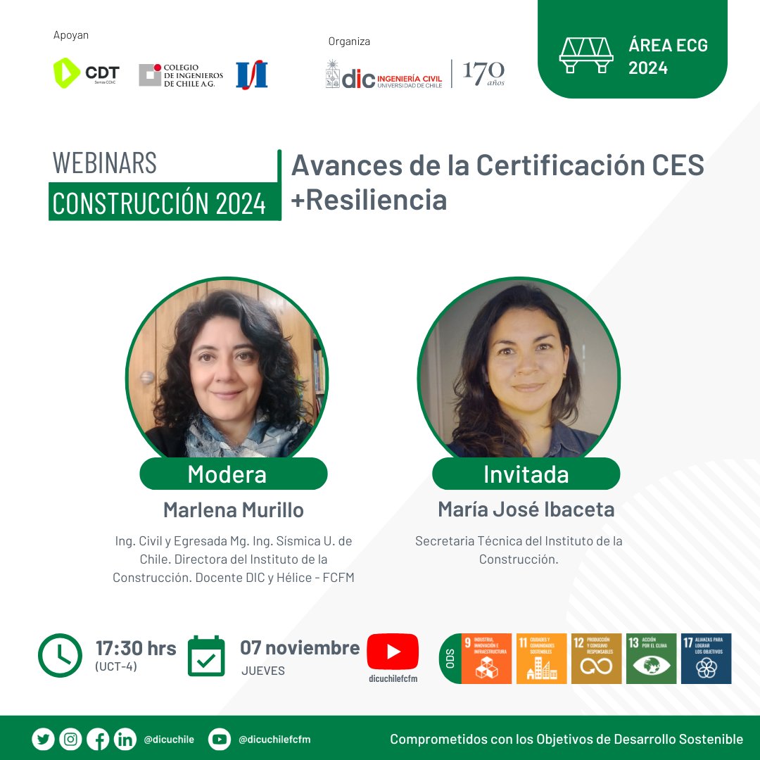 Nuevo webinar de #EconomiaCircular en la #Construcción. María José Ibaceta, del <a href="/i_construccion/">Instituto de la Construcción</a> nos hablará sobre "Avances de la Certificación CES +Resiliencia", con el apoyo de <a href="/kaiserasrael/">Lena</a>.

Inscripciones📲 uchile.cl/ic221299

#ComunidadCivil <a href="/cdt_chile/">CDT</a> <a href="/IngenierosCHILE/">Colegio de Ingenieros de Chile A.G.</a>