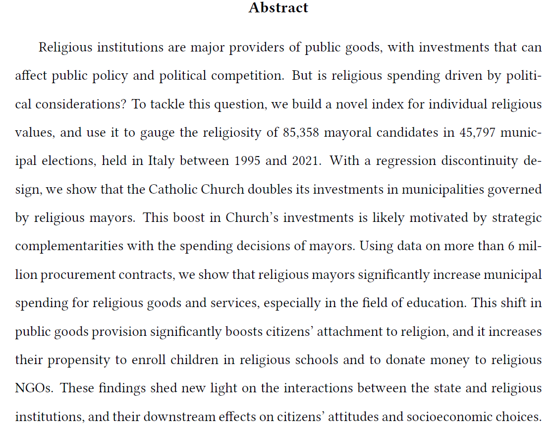 Massimo Pulejo (@massimo_pulejo) on Twitter photo 🚨 NEW WP w/ <a href="/Luca_vitalee/">Luca_vitale</a> 🚨
papers.ssrn.com/sol3/papers.cf…
Are religious investments driven by politics? We study the allocation of > 2 billion € by the Italian Catholic Church. The Church spends more in towns governed by religious mayors, but not for electoral reasons.
🧵(1/8)👇 🚨 NEW WP w/ <a href="/Luca_vitalee/">Luca_vitale</a> 🚨
papers.ssrn.com/sol3/papers.cf…
Are religious investments driven by politics? We study the allocation of > 2 billion € by the Italian Catholic Church. The Church spends more in towns governed by religious mayors, but not for electoral reasons.
🧵(1/8)👇