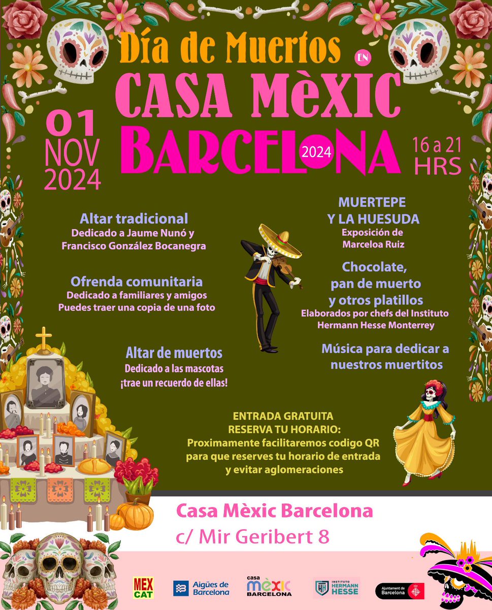 #DíadeMuertos a <a href="/CasaMexicBCN/">Casa Mèxic Barcelona</a> <a href="/MEXCATBarcelona/">MEXCAT</a> 🇲🇽💀🪦
Divendres 1 de novembre de 16 a 21h. Altar tradicional, música, exposició d'art...
No t'ho perdis!