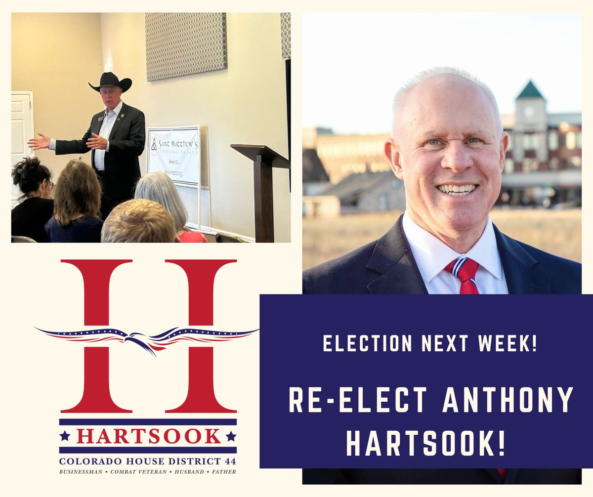 Next week is the Election! Re-Elect Anthony Hartsook to HD44! Drop Box locations are listed at douglas.co.us/elections/ball… 
#Hartsook4House #Election2024