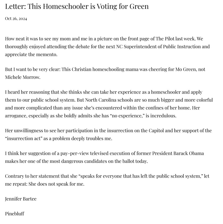 "I want to be very clear: This Christian homeschooling mama was cheering for Mo Green, not Michele Morrow.

North Carolina schools are so much bigger and more colorful and more complicated than any issue she’s encountered within the confines of her home."

🖊️ By Jennifer Bartee