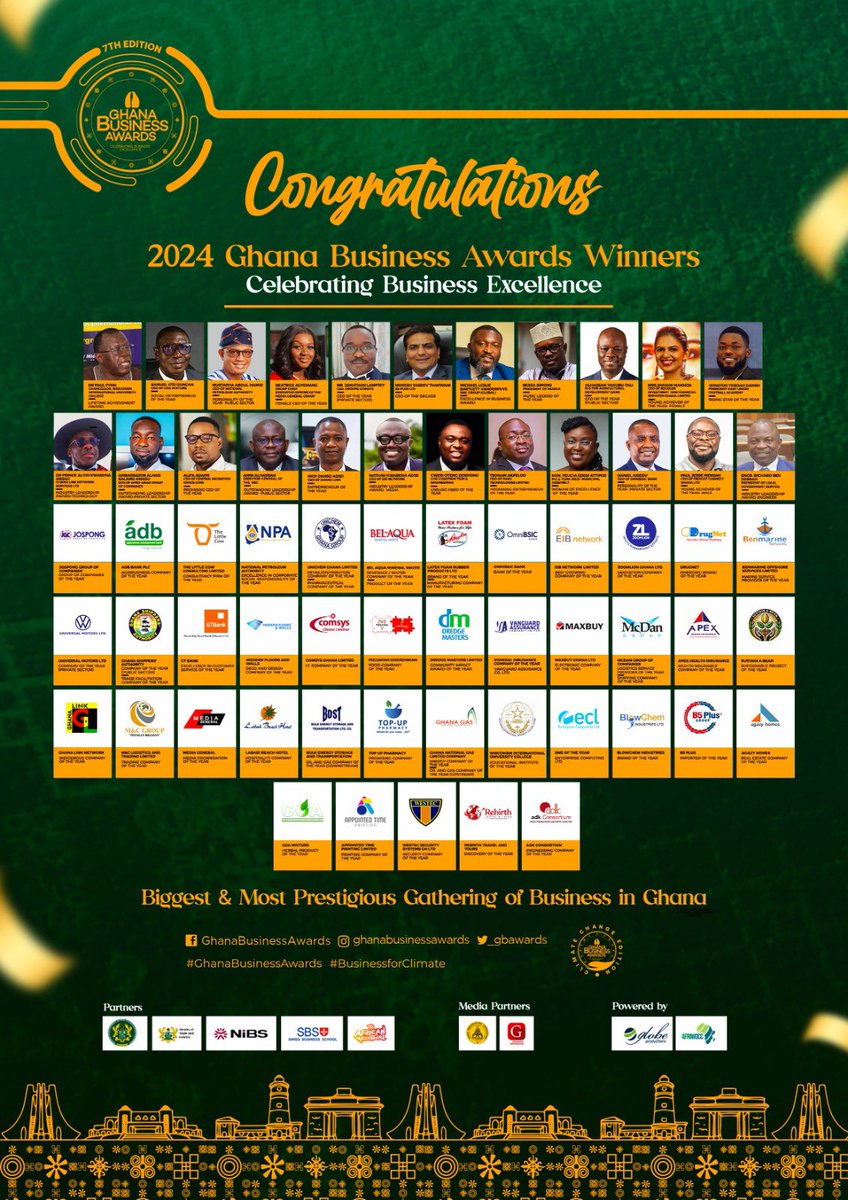 Congratulations to our 2024 Ghana Business Award winners. Ayekoo!!! Click t.ly/A0349 for event pictures and individual winners artwork! 
#GhanaBusinessAward24
#ClimateChangeEdition