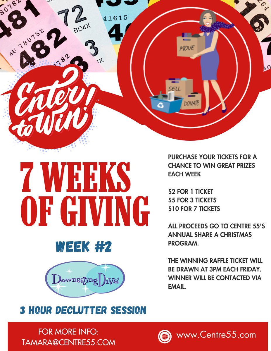 This holiday season, @centre55toronto counting down to our #ShareAChristmas program with weekly raffles for incredible prizes! Our 2nd week of giving gives a chance to win a 3-hour decluttering session with Downsizing Divas! Raffle tickets  available @ 97 Main Street reception!