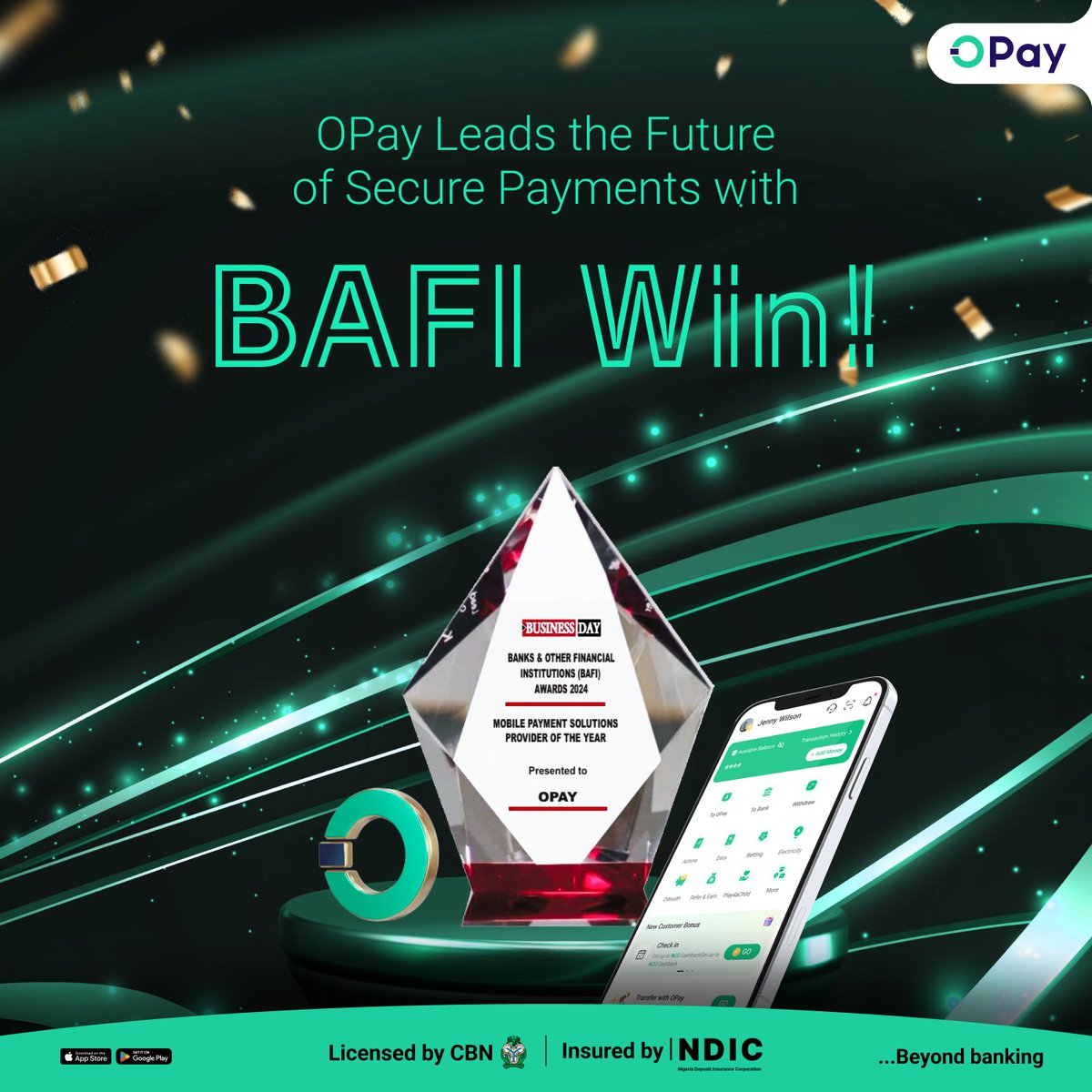 OPay_NG's tweet photo. 🎉Another Win for us all as we clinch the prestigious Mobile Payment Solutions Provider of the Year at BAFI Awards 2024.

Thank you to all our amazing customers for your unwavering support—you made this possible!🙌💼.

#BAFIAwards2024 #BAFiawards #OPayAwards #CustomerFirst https://t.co/39sPGtW5Fe