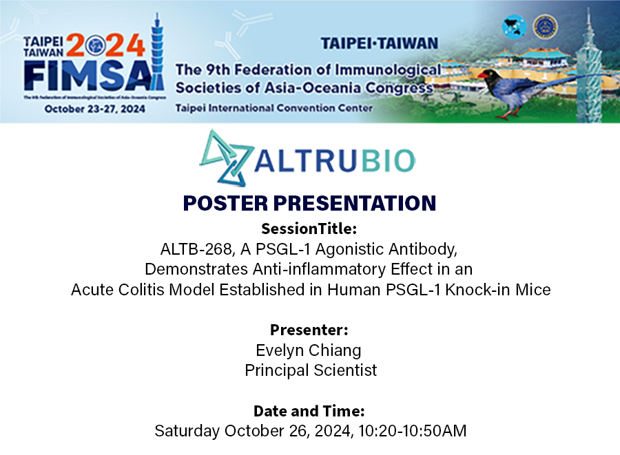 We presented new data for ALT-268 at the 9th FIMSA 2024 Congress in Taipei, demonstrating ALT-268’s in vivo activity and mechanism of action as an immune checkpoint enhancer, supporting its further clinical development for #UlcerativeColitis. Read more: bit.ly/3AsoYDk