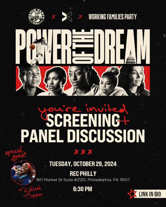 TOMORROW Evening! Come on out to <a href="/RECphilly/">REC PHILLY</a> for a <a href="/togethxr/">TOGETHXR</a> + <a href="/WorkingFamilies/">Working Families Party 🐺</a> + Watch Party PHL Power of the Dream screening event!

The dope-ness of this event can NOT be overstated.

Special Guest, NORTH PHILLY’S OWN, Kahleah Copper will be on hand for a panel discussion 🔥🔥