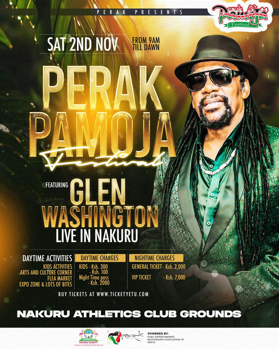 For those looking for a weekend plan, join us for the #PerakPamojaFestival  this weekend at the Nakuru Athletics Club. There will be performances by local artistes, headlined by Glen Washington. Whichof his songs do you know?