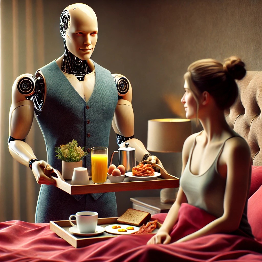 Jackielthequeen's tweet image. Imagining a future where companionship and care come in all forms. Breakfast in bed, served with kindness by a thoughtful AI. #FuturisticCare #AICompanions #TechnologyAndHumanity #AIArt #eTatos #Alex