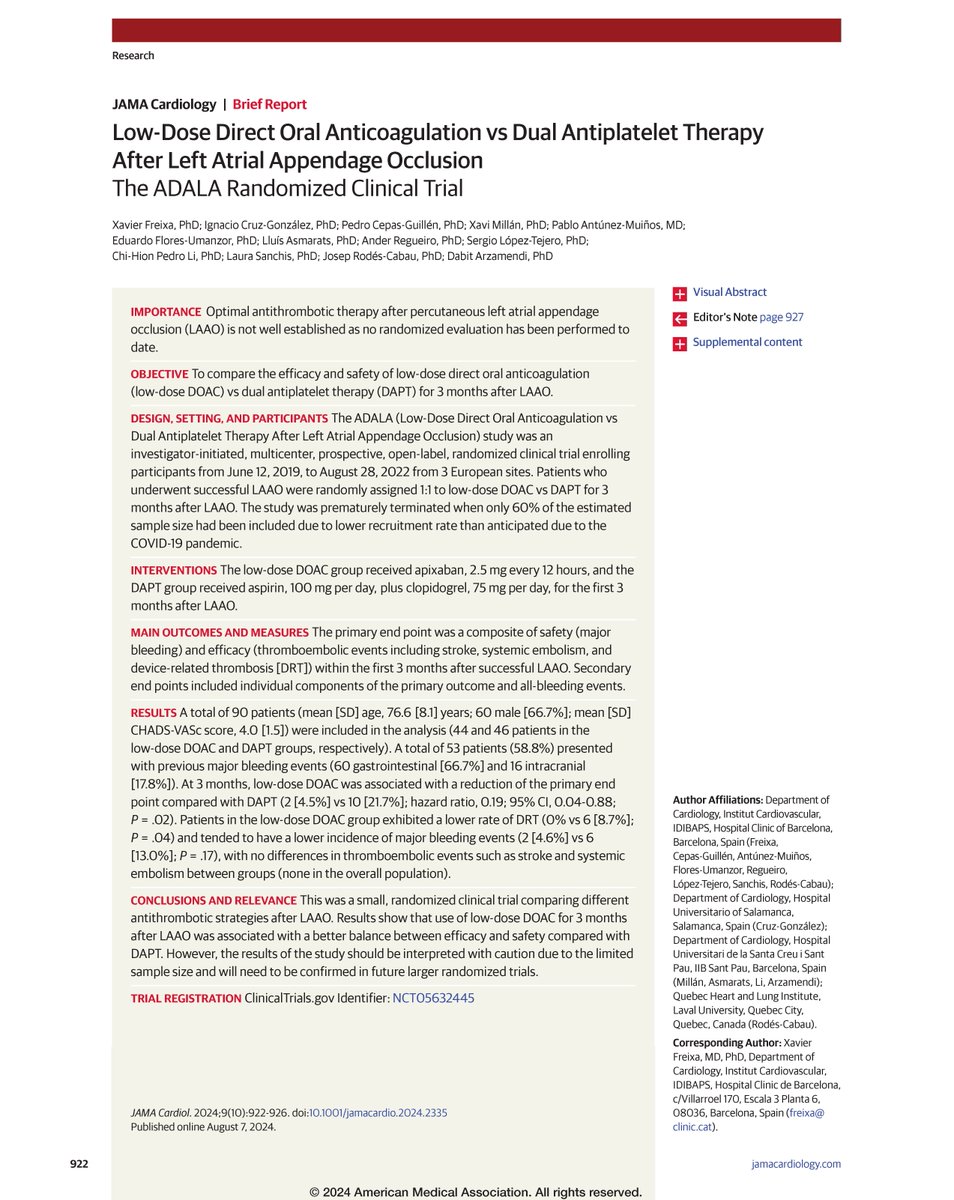 JAMA Cardiology (@jamacardio) on Twitter photo Small RCT (90 pts) finds the use of low-dose DOAC for 3 months after left atrial appendage occlusion was associated with a better balance between efficacy (thromboembolic protection) and safety (major bleeding prevention) compared with DAPT. ja.ma/40hS82y Small RCT (90 pts) finds the use of low-dose DOAC for 3 months after left atrial appendage occlusion was associated with a better balance between efficacy (thromboembolic protection) and safety (major bleeding prevention) compared with DAPT. ja.ma/40hS82y