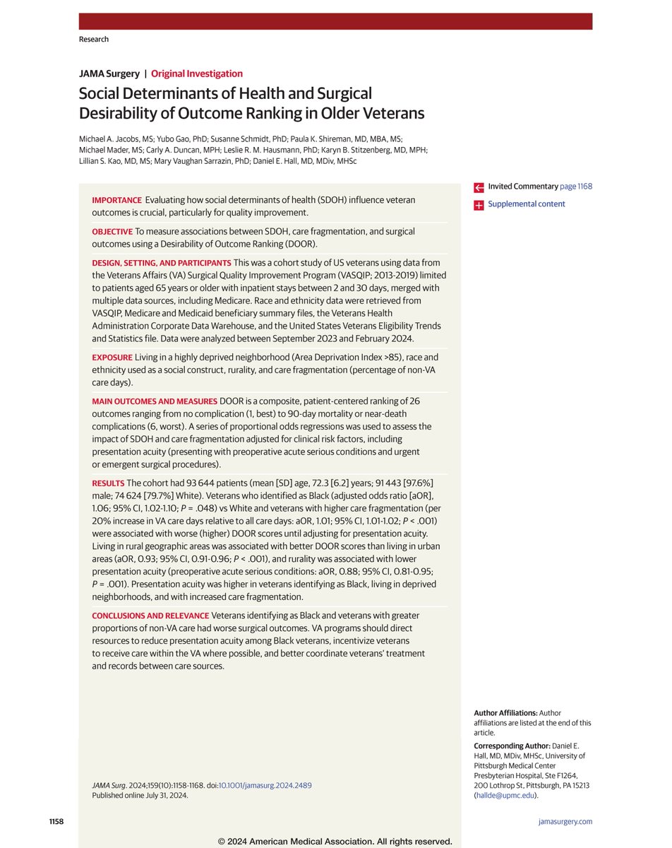 JAMA Surgery (@jamasurgery) on Twitter photo Veterans identifying as Black and veterans with greater proportions of non-<a href="/DeptVetAffairs/">Veterans Affairs</a> care had worse surgical outcomes. ja.ma/4fg3UyO Veterans identifying as Black and veterans with greater proportions of non-<a href="/DeptVetAffairs/">Veterans Affairs</a> care had worse surgical outcomes. ja.ma/4fg3UyO