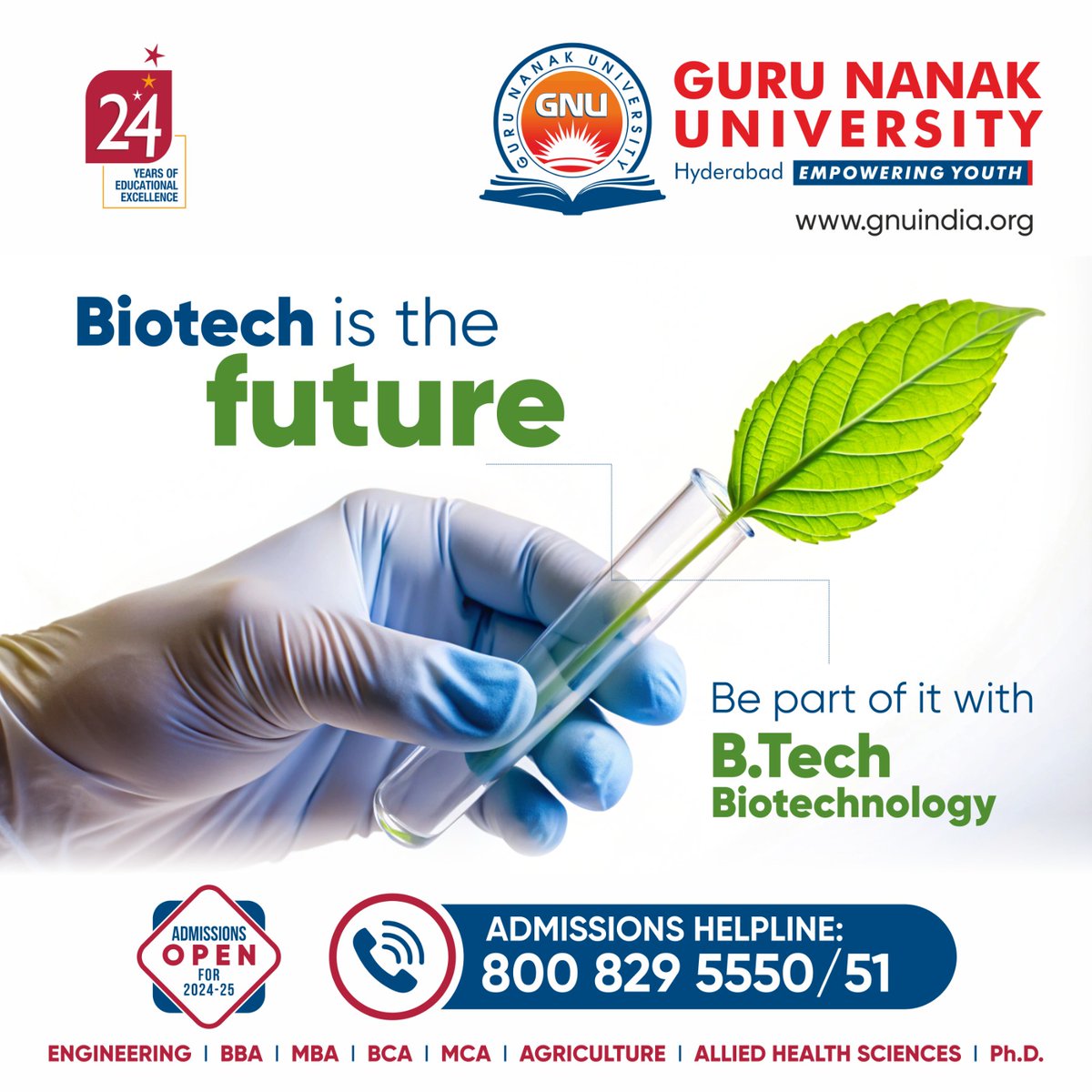 GNUIndia's tweet image. &quot;Biotech is the future, and so are you! 🌿🔬 Take the next step in transforming healthcare and agriculture with a B.Tech in Biotechnology at Guru Nanak University. 🌱

📞 Admissions Helpline: 800 829 5550/51

#BiotechRevolution #FutureReady #GuruNanakUniversity