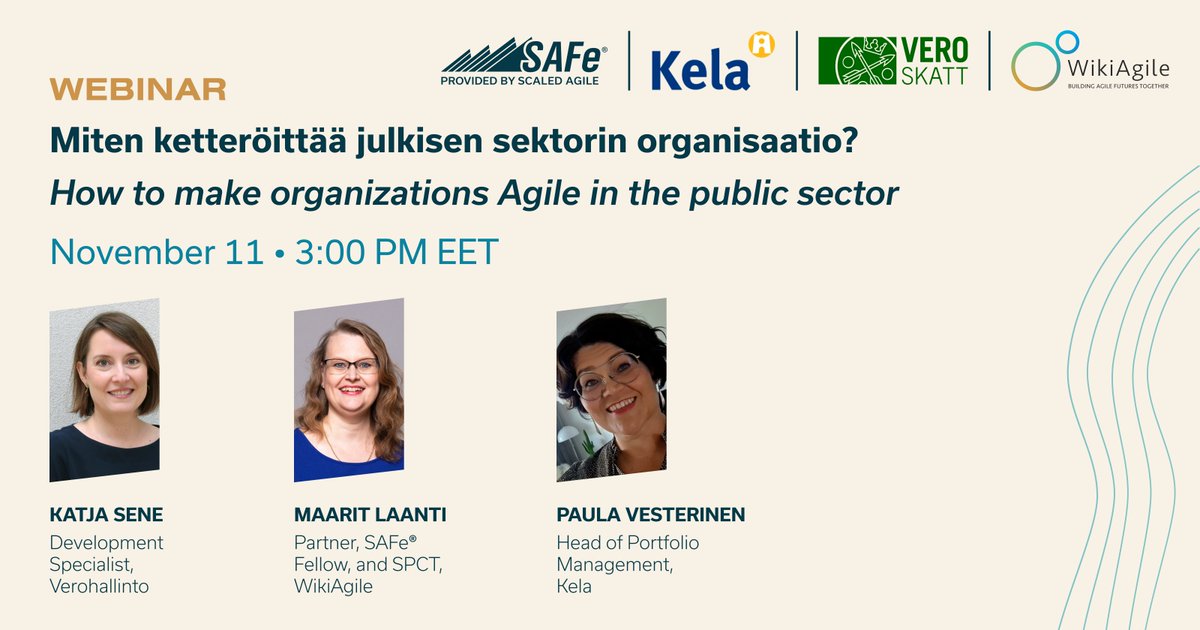Webinar in Finnish Alert! 🇫🇮 

Join our upcoming webinar in collaboration with WikiAgile to learn how agility has improved public sector organizations in Finland: ow.ly/Y92V50TRq0k

#SAFe #ScaledAgile #PublicSector #WikiAgile